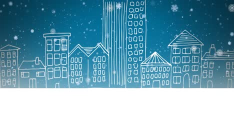 animation of white christmas snowflakes falling over blue sky with white line cityscape