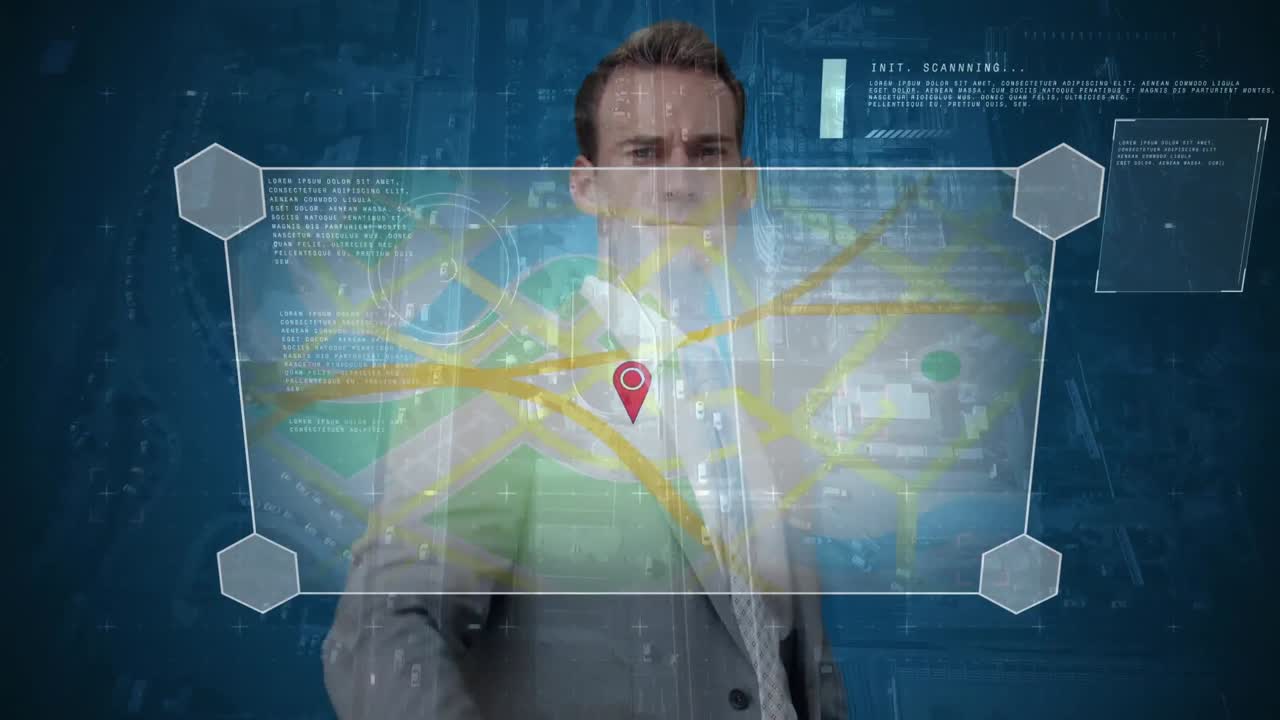 hombre de negocios usando mapas contra la ciudad