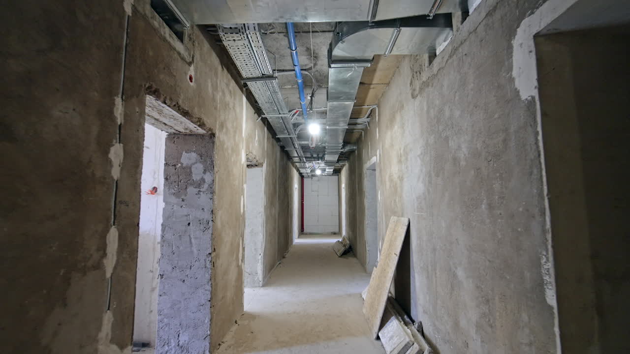Corridoio vuoto in costruzione. Un lungo corridoio spoglio in un cantiere edile, che mostra pareti a vista e corpi illuminanti a soffitto.