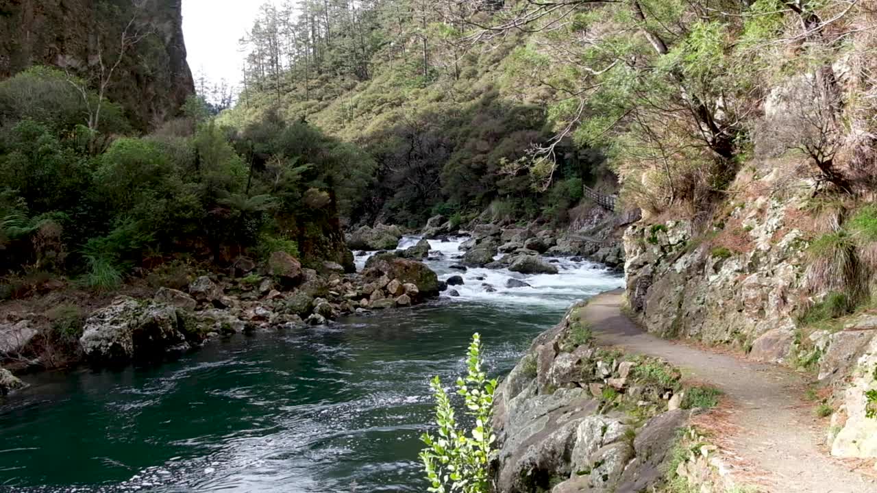 Ohinemuri River winding through Karangahake Gorge while walking the Hauraki Rail Trail in North Island, New Zealand Aotearoa. Pan right to left.