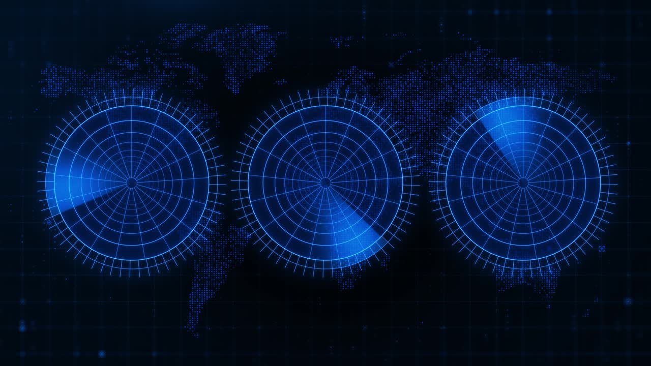Scansioni radar blu su sfondo di mappa del mondo digitale