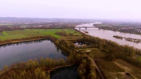 drone flight with river and lake view