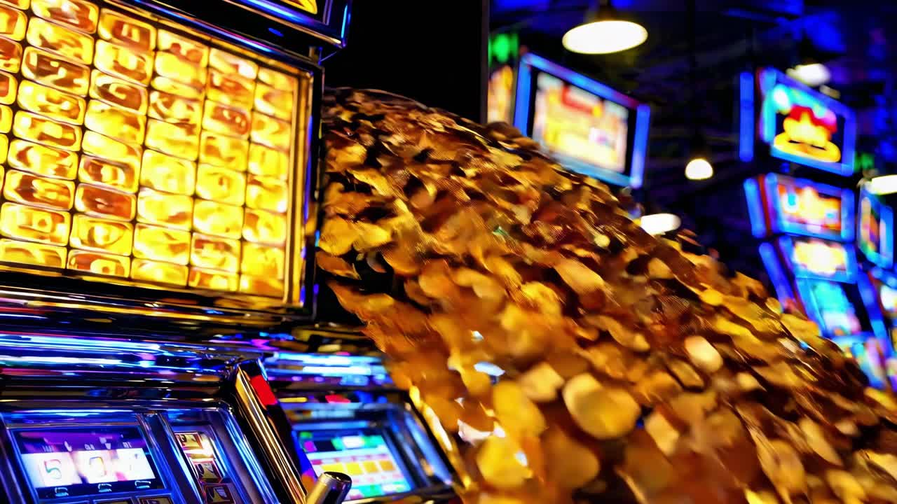 Blurred motion of shimmering gold coins pouring from a slot machine, capturing the thrill of winning at a casino and the excitement of hitting the jackpot