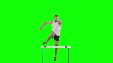 Athlete-man-running-and-jumping-over-hurdle