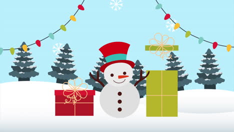 happy merry christmas animation with snowman in snowscape