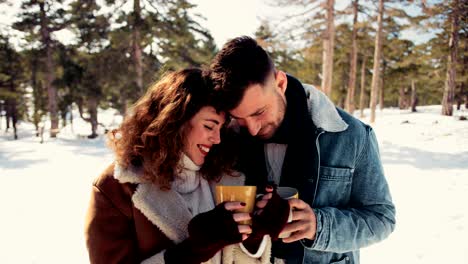 una pareja romántica enamorada bebiendo chocolate caliente en un bosque nevado.