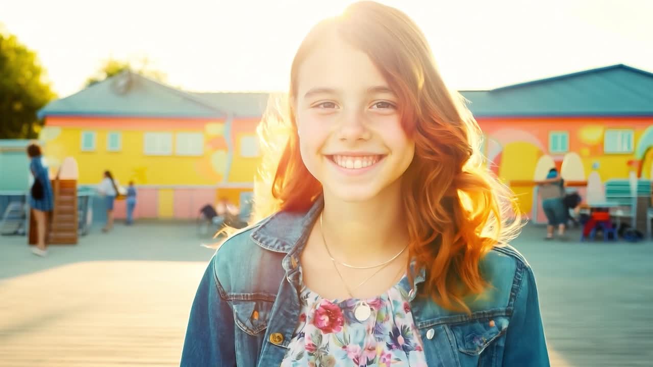 una joven feliz con el cabello rizado rojo sonríe a la cámara en un parque