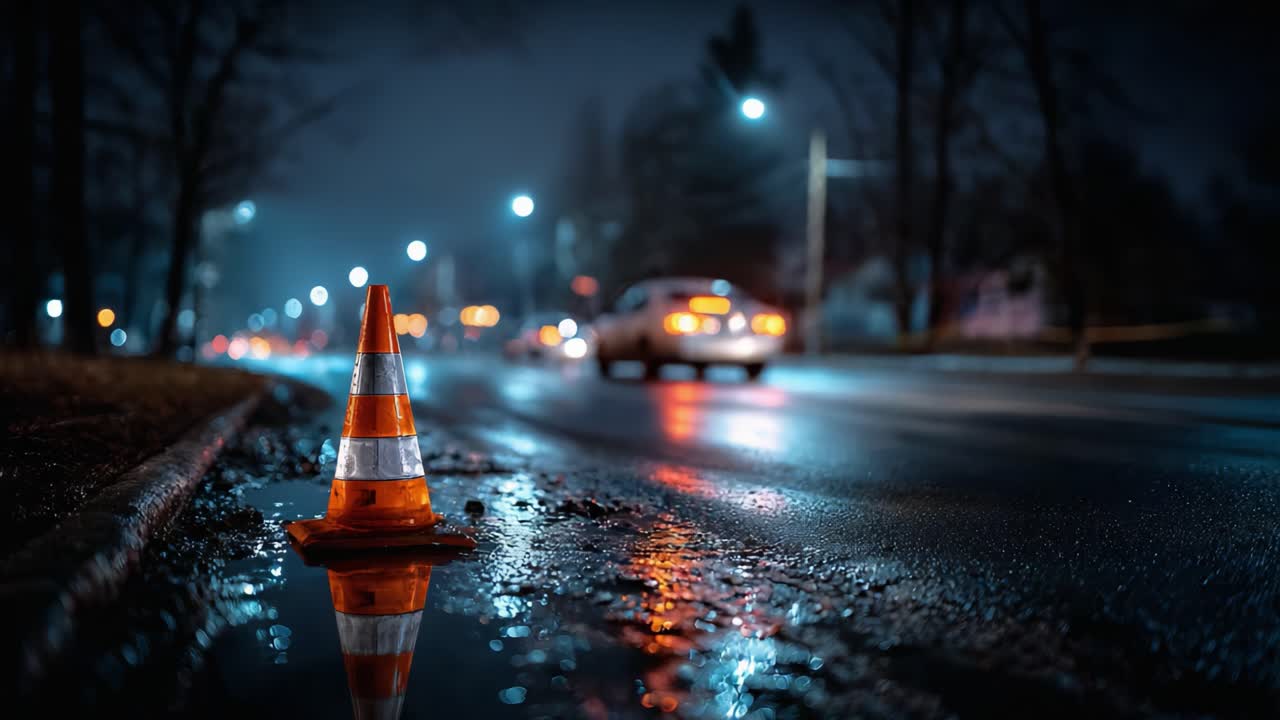 Nighttime Urban Scene Featuring a Traffic Cone Reflecting in a Puddle on a Rain-soaked Road, Surrounded by Soft Glowing Streetlights and Vehicles in Motion