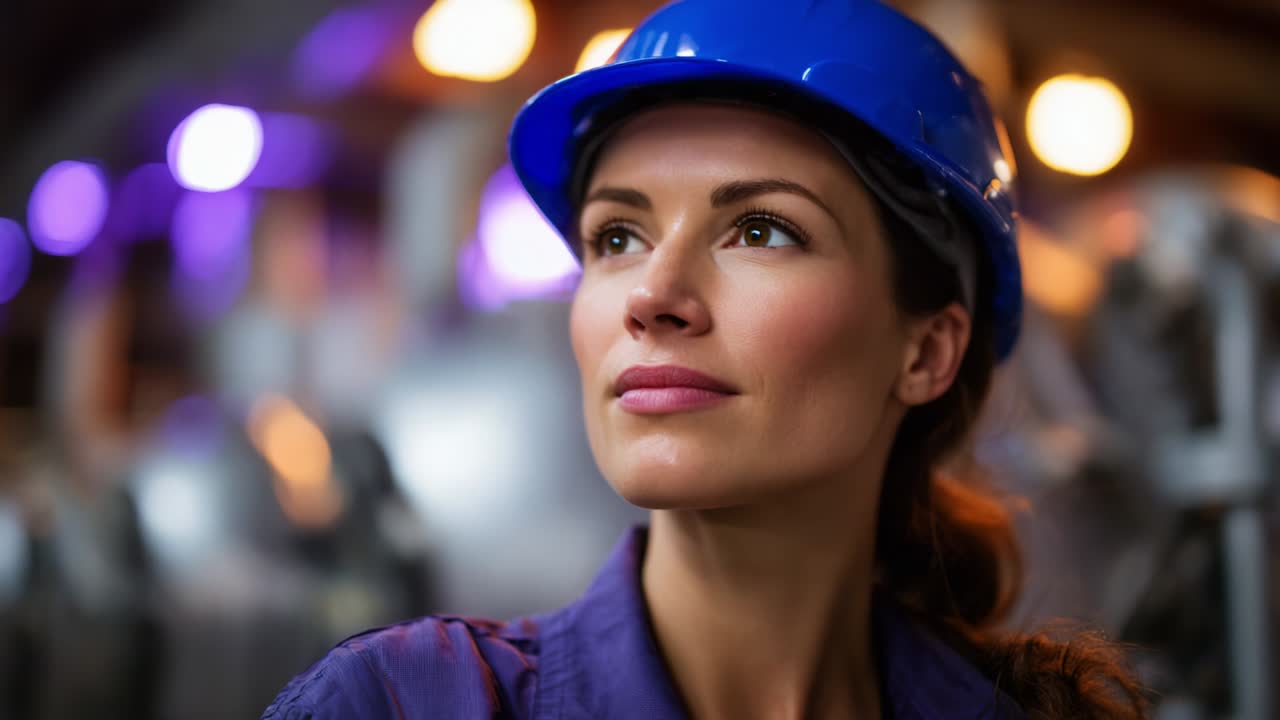 A focused and determined woman wearing a blue hard hat, reflecting on her aspirations and achievements, showcases confidence and professionalism in an industrial environment adorned with warm lights