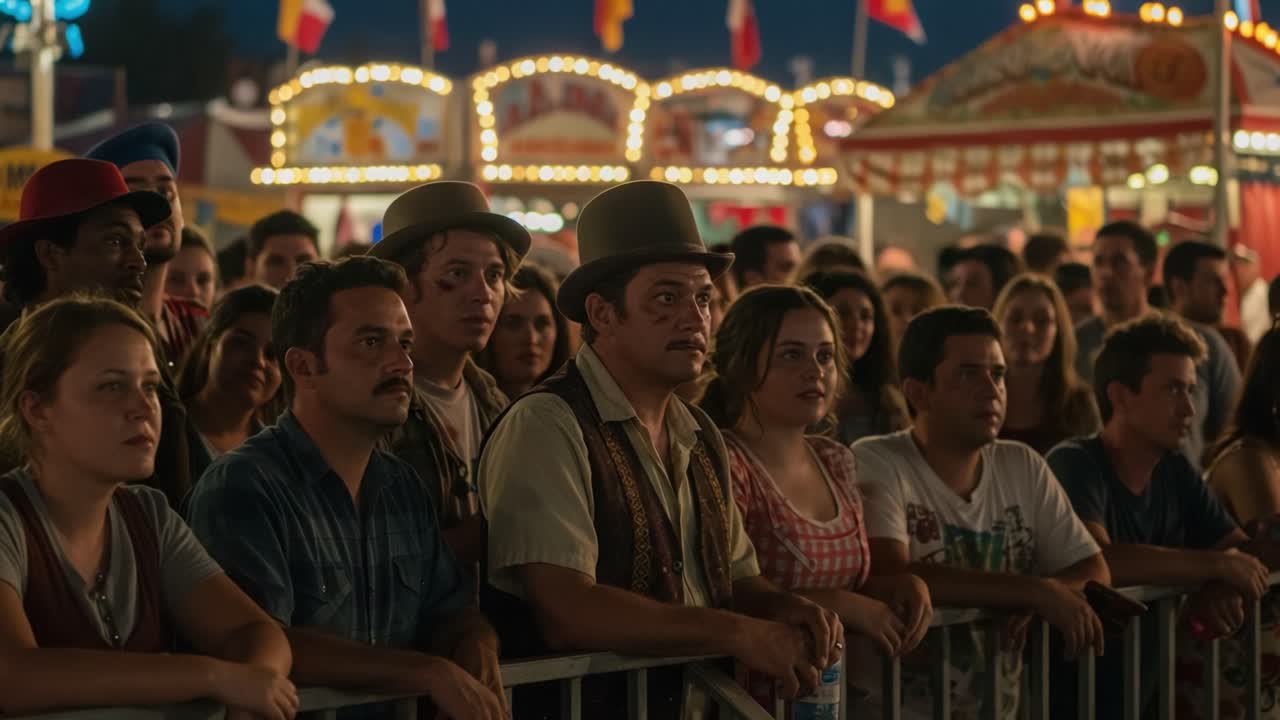 Enthralled Audience at a Vibrant Festival Night, Gazing with Anticipation as Colorful Lights Illuminate the Crowd, Capturing Joyful Moments and Shared Experiences