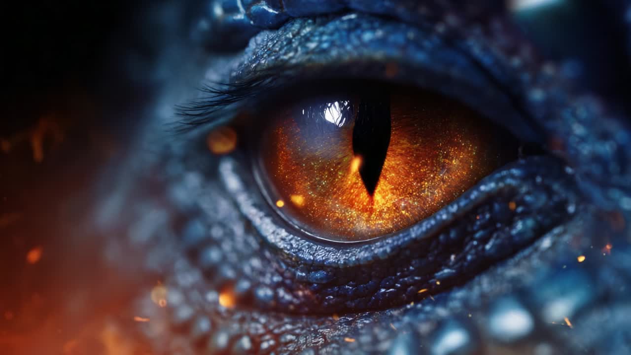 A captivating close-up view of a mythical creature's eye, showcasing intricate textures and vibrant colors, with shimmering reflections that highlight the magical and fierce characteristics of dragons