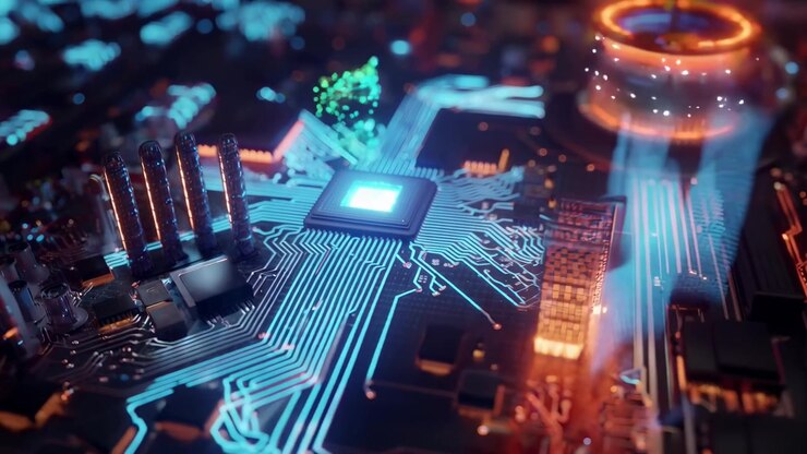 Futuristic Circuit Board with Glowing Data Processing and Digital Elements