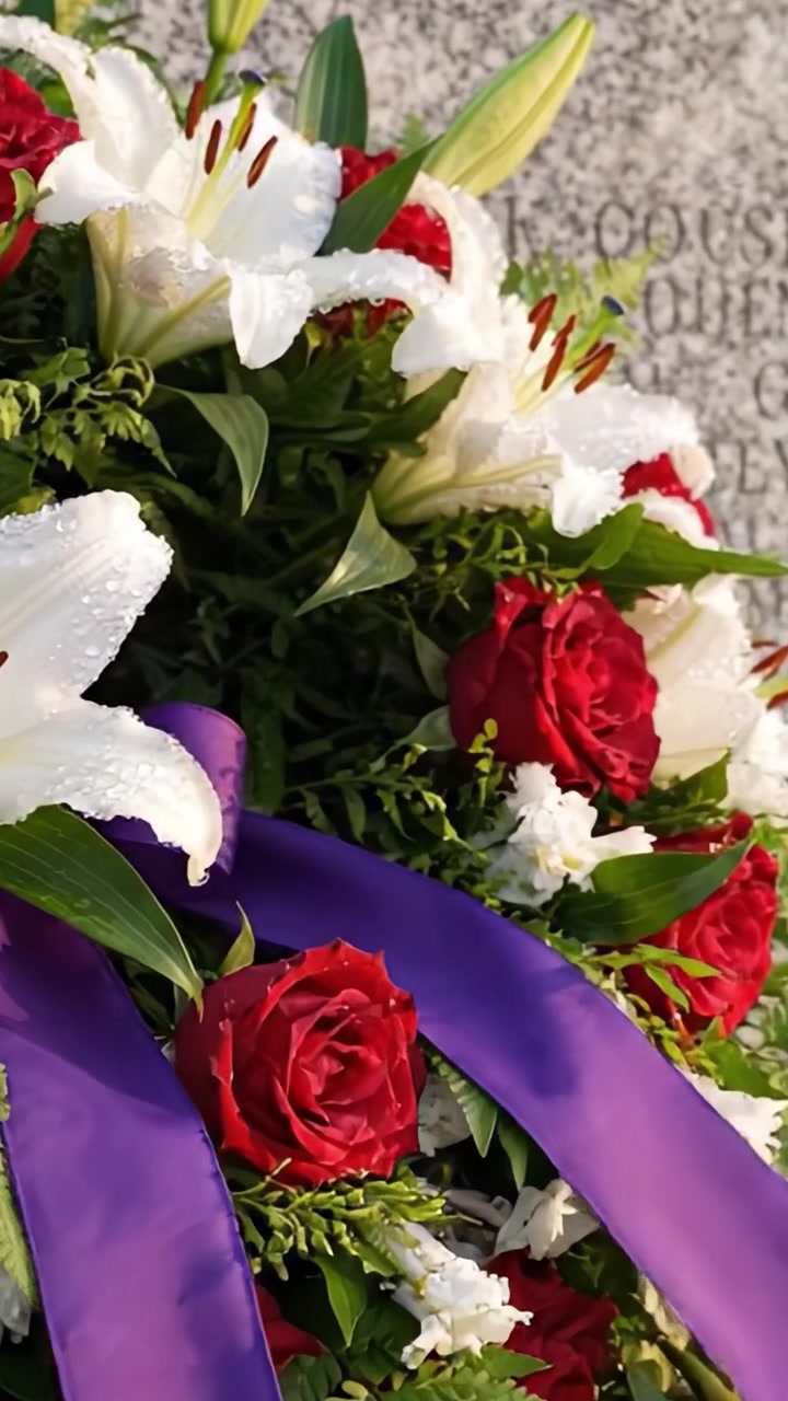 Una bellissima ghirlanda floreale con gigli bianchi e rose rosse, ornata da un nastro viola, pensata per commemorazioni o omaggi, che celebra la vita e il ricordo
