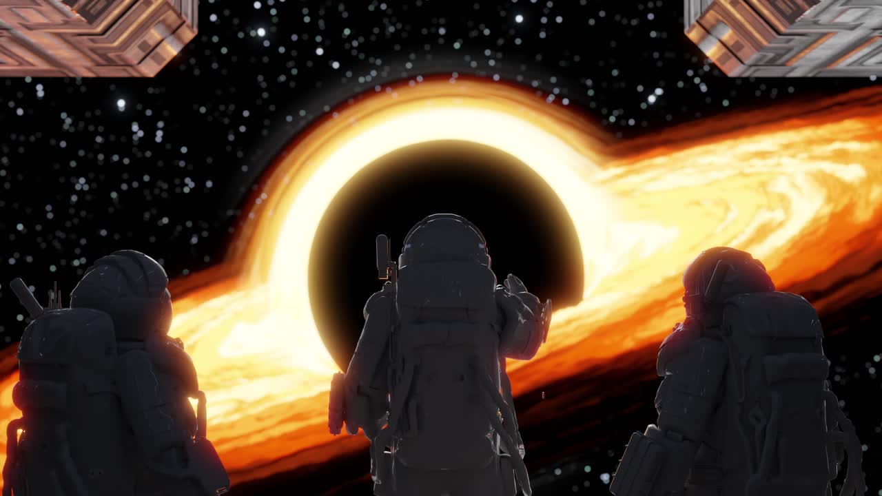 Astronauts observing black hole from spacecraft window