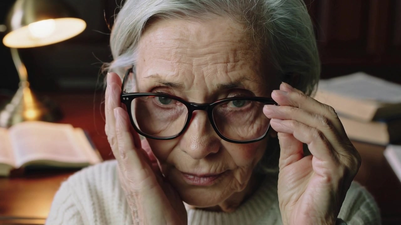 Un anciano con suéter color crema en un escritorio, colocándose gafas negras en la nariz bajo una lámpara de lectura.