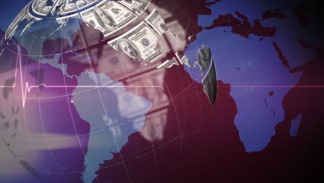 animation of american dollar banknotes globe spinning over heart rate monitor and world map