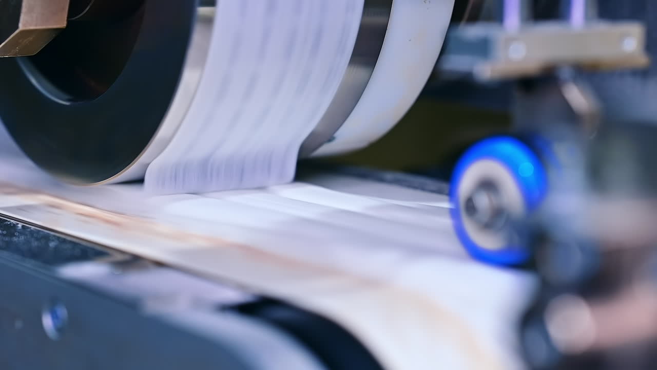 Roller rotating and sending the pieces of tissue on the conveyor belt. Automated system for modern production of dipers. Close up.