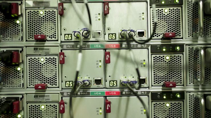 Silver server row with fans and black cables in datacenter, lowering, close-up