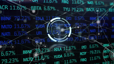 animación de círculos y puntos conectados con líneas y tablero de negociación sobre fondo negro