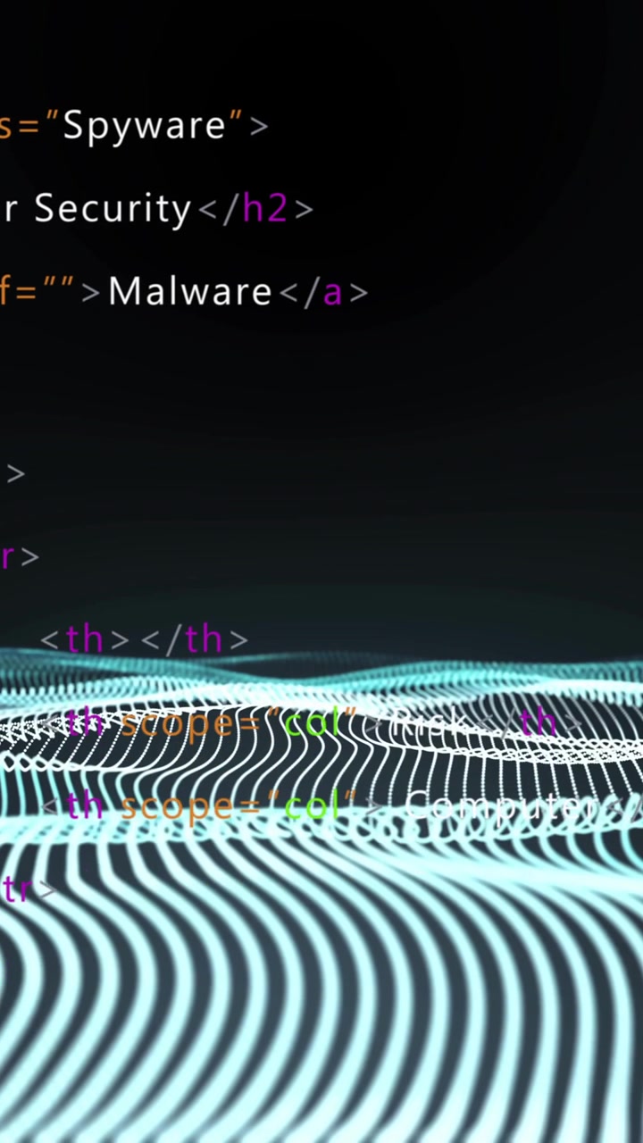 HTML-Code-Animation über wellenförmigen Gitterlinien auf dunklem Hintergrund