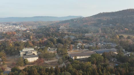 Beautiful-Japanese-Landscape,-temples-and-city-of-Nara-at-Sunrise-Pan