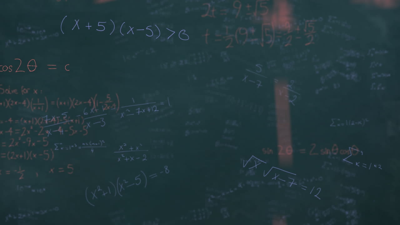 Mathematical equations moving against black board