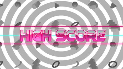 Animation-of-high-score-text-over-gray-shapes-and-circles-on-white-background