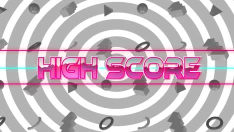 animation of high score text over gray shapes and circles on white background