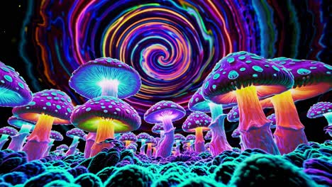 glowing mushrooms in a psychedelic spiral