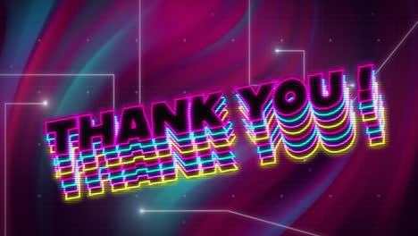 animation of thank you text over neon pattern background