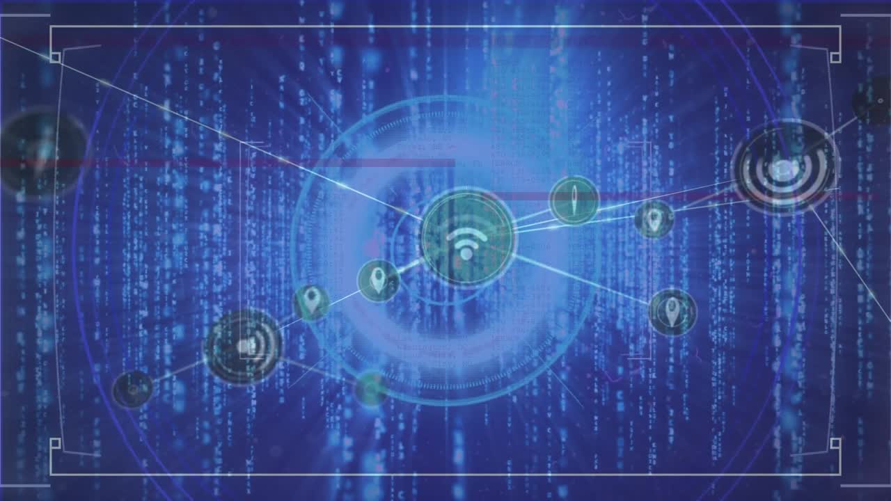 Animation of network of connections, glitch, circles and data processing in navy space
