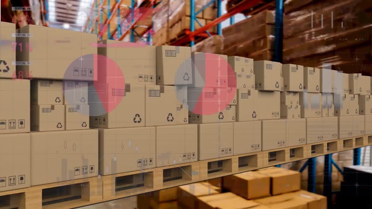 배경에서 컨베이어 벨트에 있는 카드보드 상자 위에서 통계 처리의 애니메이션