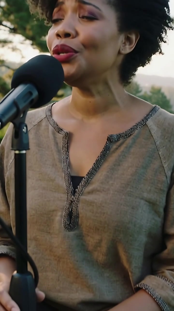 Vertical video: Performing female vocalist after cue, projecting into mic at park in tan tunic
