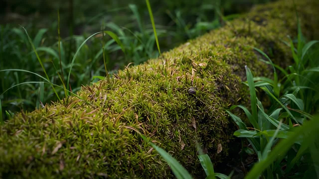 Telecamera che si sposta, rivelando un tronco coperto di muschio adagiato in diagonale sul suolo della foresta per mostrarne la trama.