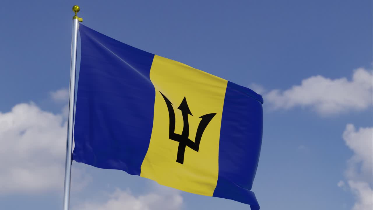 bandera de barbados moviéndose en el viento con un cielo azul claro en el fondo, nubes moviéndose lentamente, asta de la bandera, cámara lenta