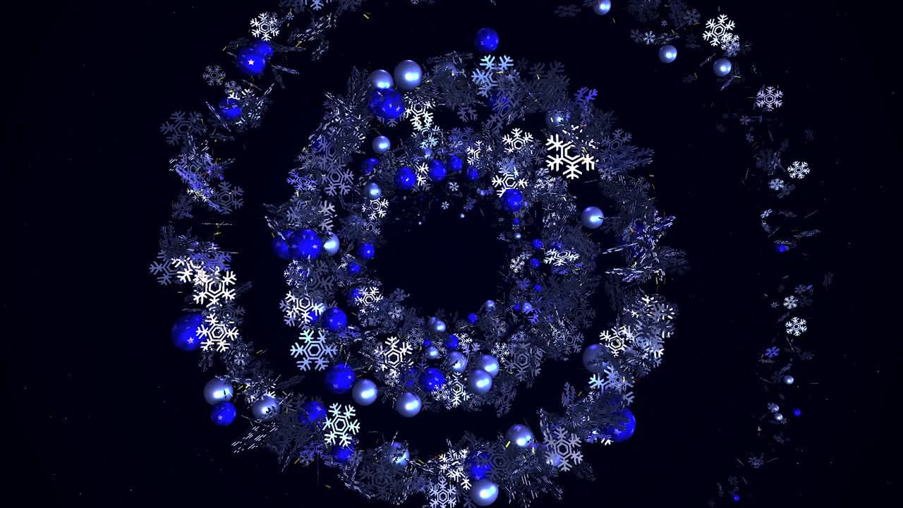 추상적인 회전 스파일 스노우플레이크와 파란색 크리스마스 트리 장난감 검은색 배경에, 원활한 루프, 애니메이션, 겨울 휴가, 새해 꽃받침, 반이는 스파일
