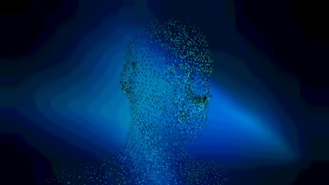 digital animation of human face model spinning against blue background