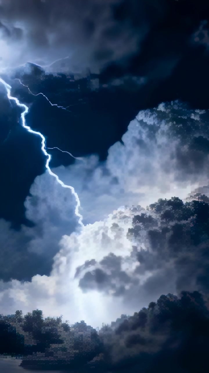 Video verticale: Fulmine lampeggiante che parte dall'alto a sinistra, illuminando una nuvola temporalesca e la linea degli alberi di notte.
