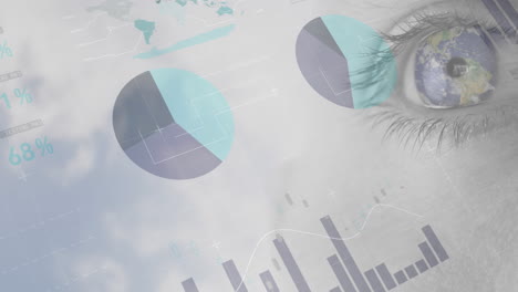 animation of financial data processing with statistics over woman's eye