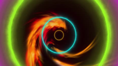 Animation-of-orange-smoke-over-neon-circles-on-black-background