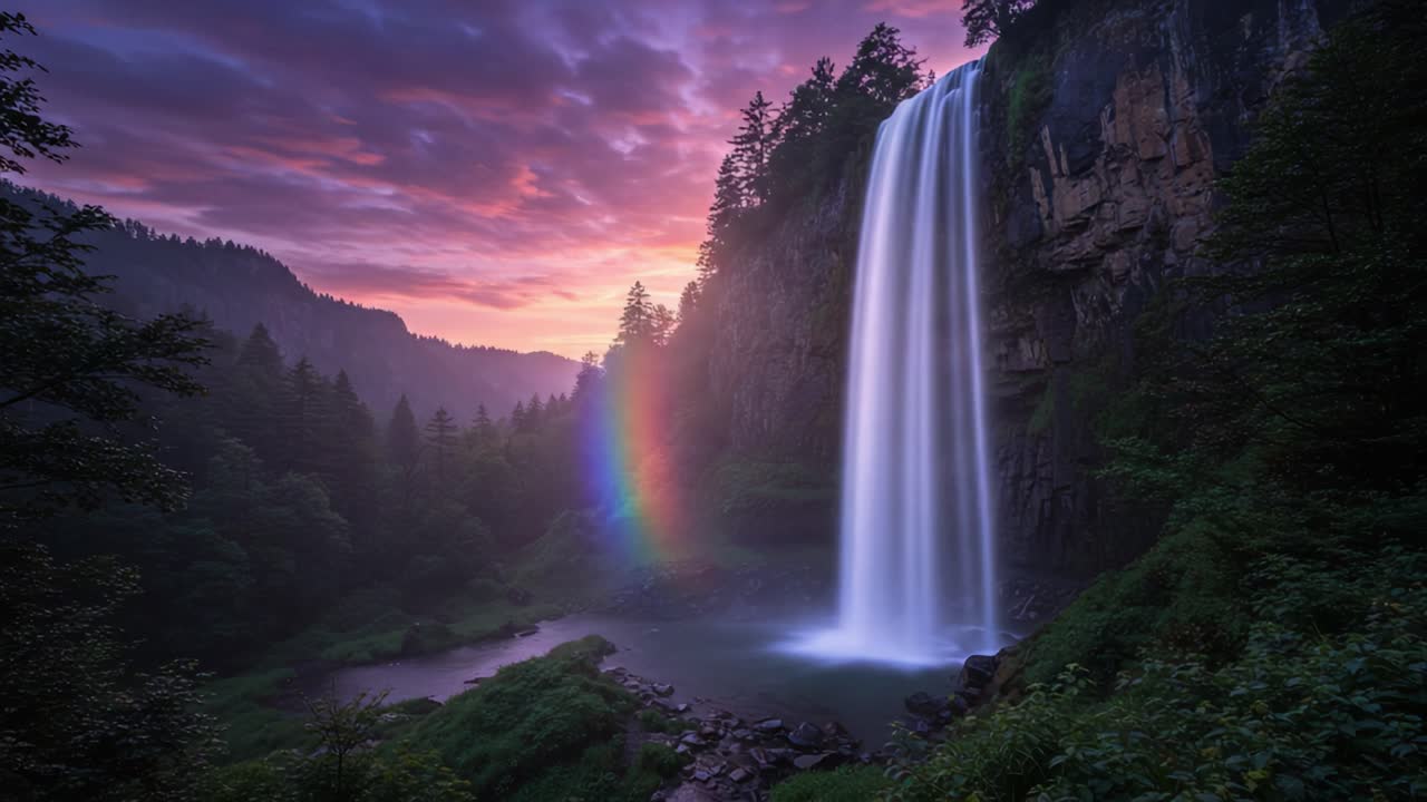 A Majestic Waterfall at Dusk Showcasing a Vibrant Rainbow Beneath a Cascading Curtain of Water, Surrounded by Lush Greenery and Dramatic Skies