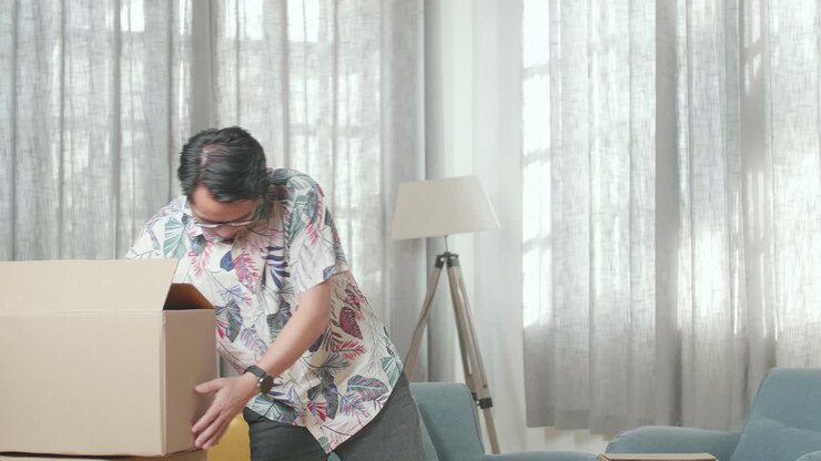 Asian Man Carrying Cardboard Box With Stuff Into A New House Before Sitting On A Sofa To Rest. He Moves Into A New House