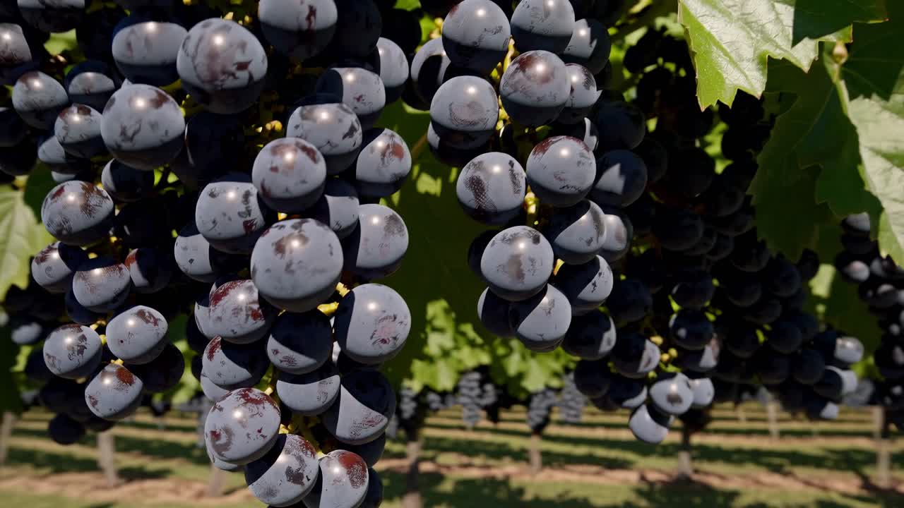 Un video che mostra rigogliosi vigneti con uva matura, ripreso da una prospettiva dal basso.