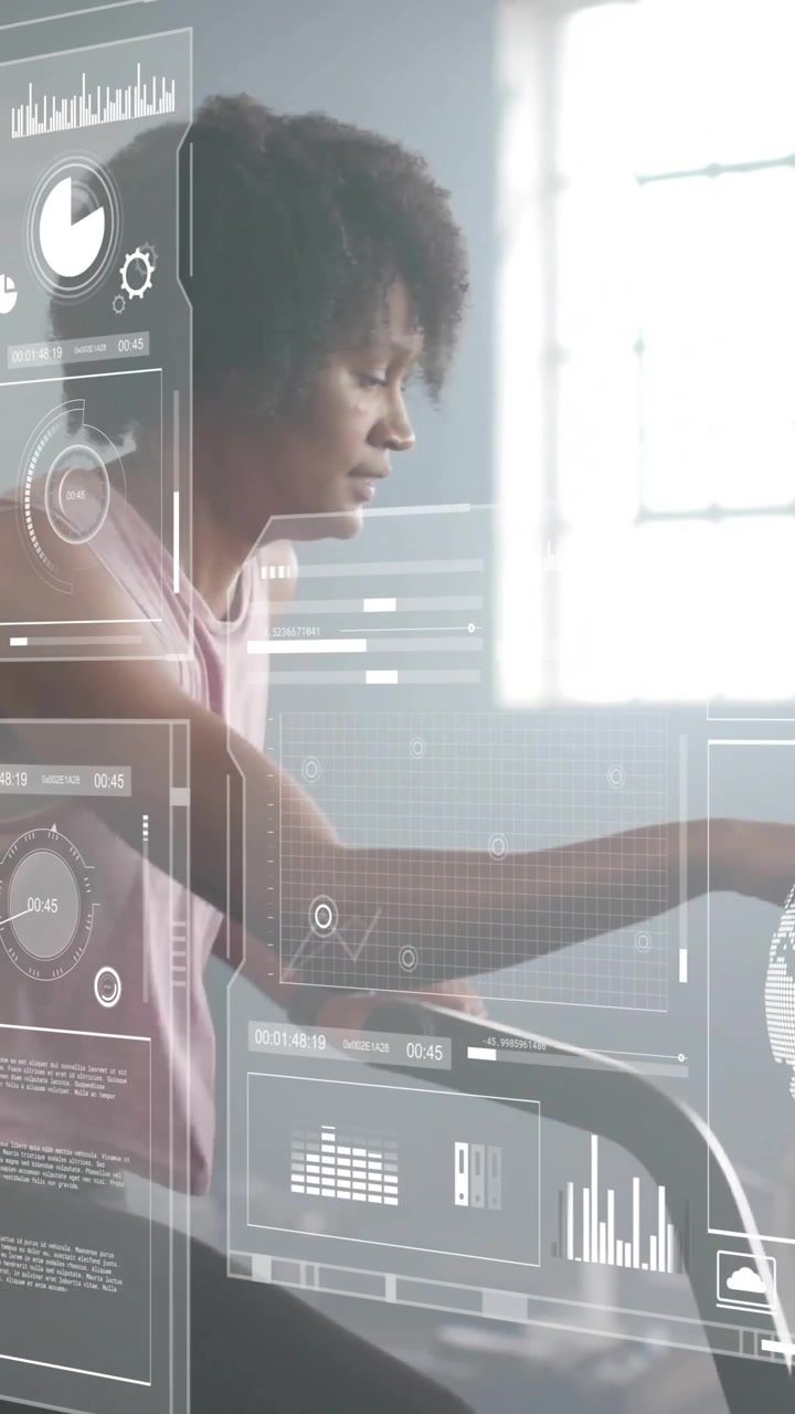 Animation of digital data processing over diverse people exercising in gym