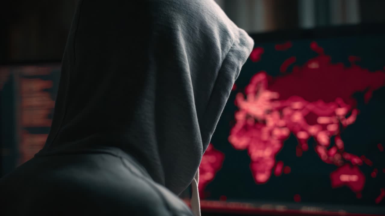 A Mysterious Figure in a Hooded Sweatshirt Analyzing a Dark Red Digital Map on a Computer Screen, Highlighting Global Connections and Cybersecurity Threats