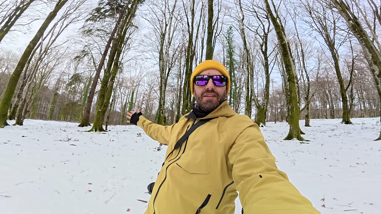 Winter selfie in the snowy woods