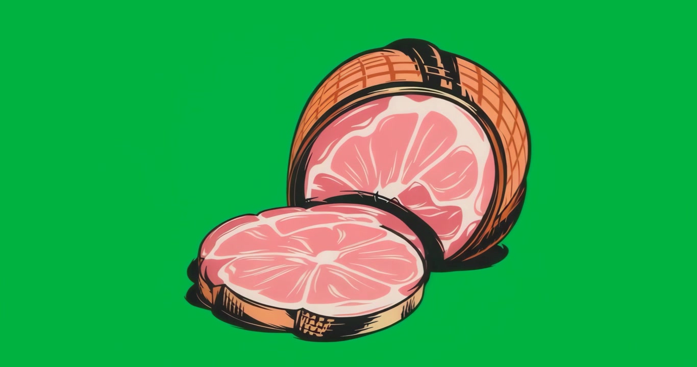 Confezione alimentare che mostra prosciutto rotondo e fette sospese su sfondo trasparente con schizzi di vernice