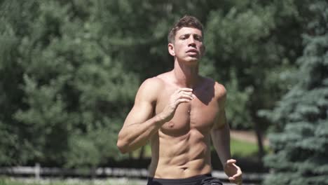 joven caucásico en forma atractiva ejercitándose al aire libre saltando ejercicio con fondo de vegetación verde a cámara lenta