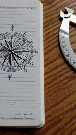 compass rose drawing in notebook with protractor