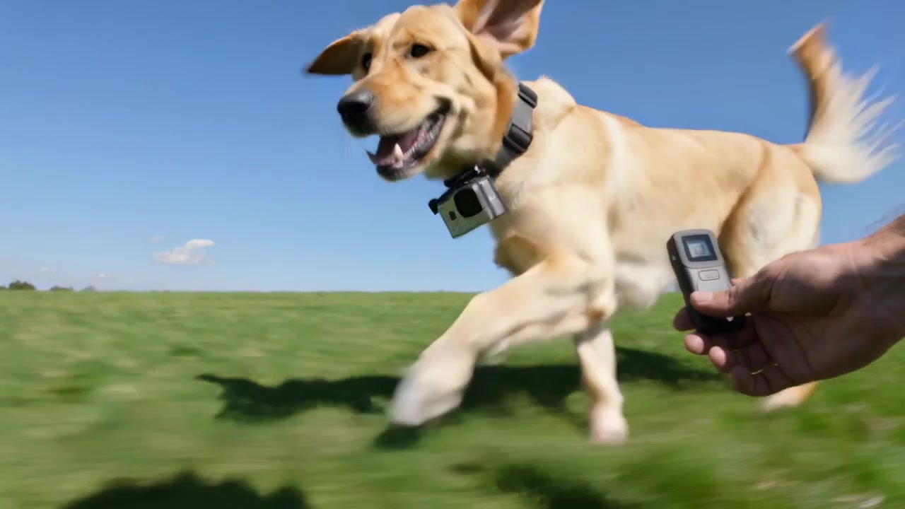 Labrador dal pelo chiaro che corre indossando una telecamera al collare, sfrecciando attraverso un campo erboso, con il proprietario che usa una telecamera di controllo a distanza.
